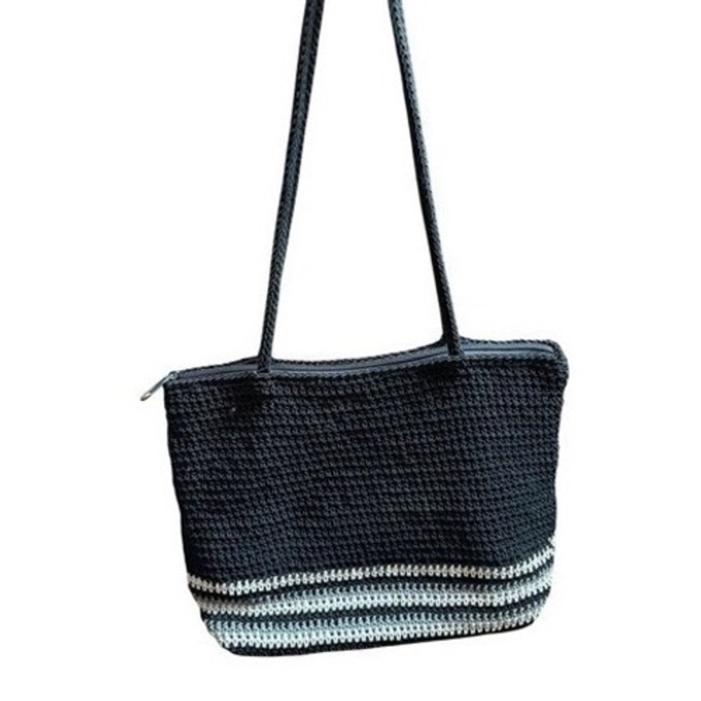 Frankie & Johnnie Y2K‎ Vintage Black Crochet Striped Tote Bag Indie Boho Neutral